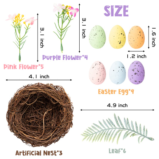 W1cwey 3pcs Artificial Easter Bird’s Nest Accessories Easter Craft Home Decor with Nest Colorful Spotted Eggs Flower Leaf Simulation Lifelike Ornament for Easter Indoor Outdoor Garden Yard