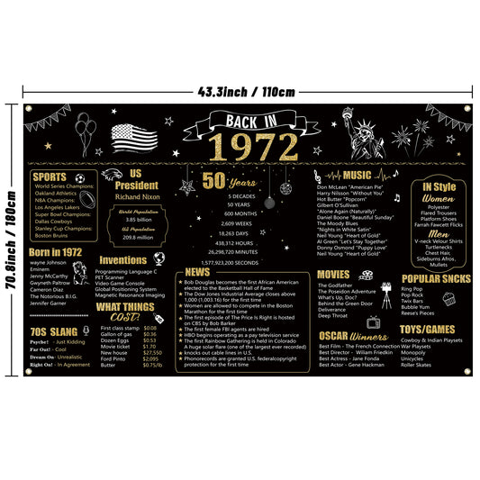 W1cwey Extra Large 43.3*70.8 Inches 1972 Backdrop 50 Year Old Birthday Party Photo Background Anniversary Banner 50th Birthday Black Gold Decor Vintage 1972 Banner Photography for Indoor Outdoor