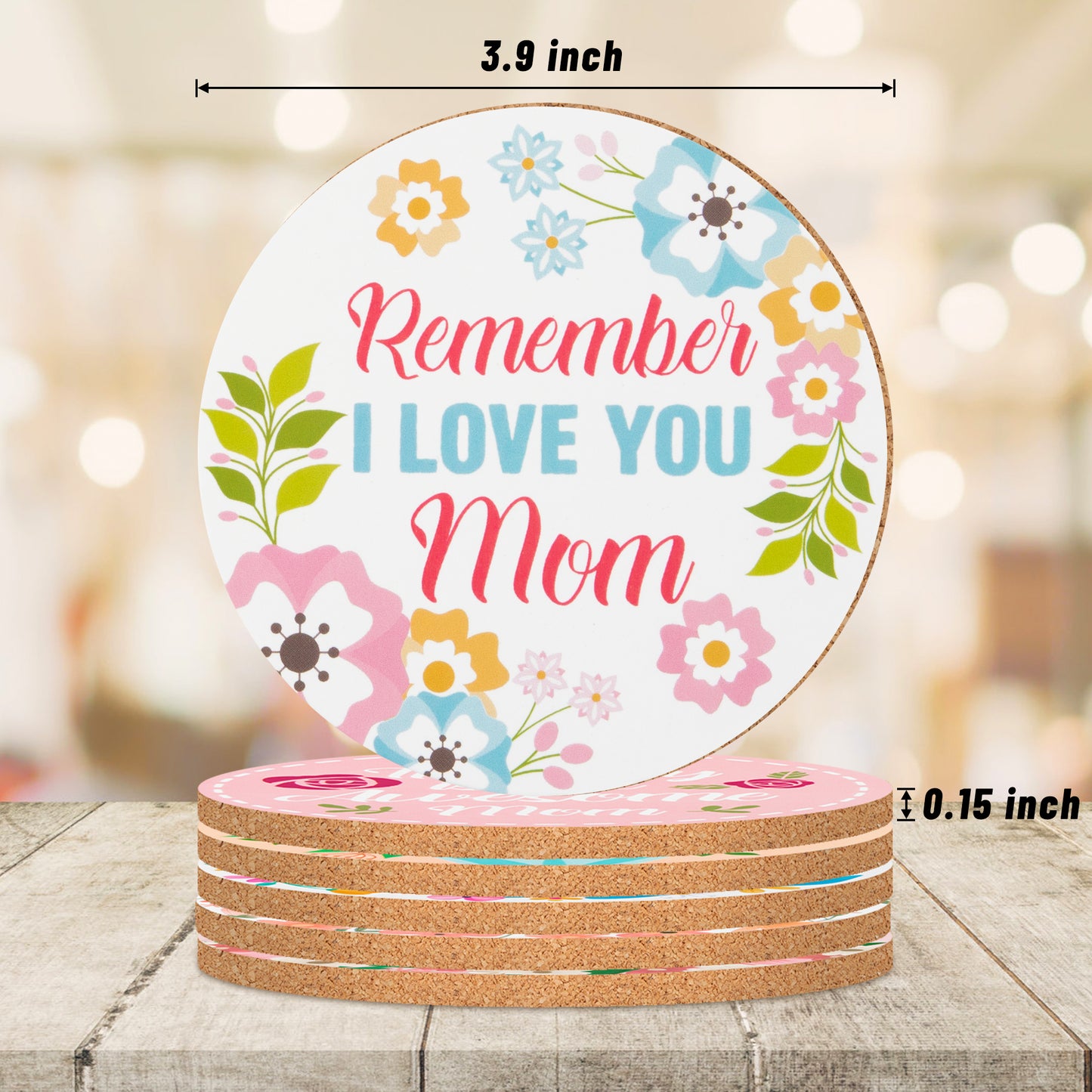 W1cwey 6pcs Mom Coaster Set Cute Absorbent Coasters with Fiber Cork Base Designs with 6 Different Mother Inspirational Quotes I Love You Mom Cup Mat Gifts for Mother’s Day Mom’s Birthday Thanksgiving