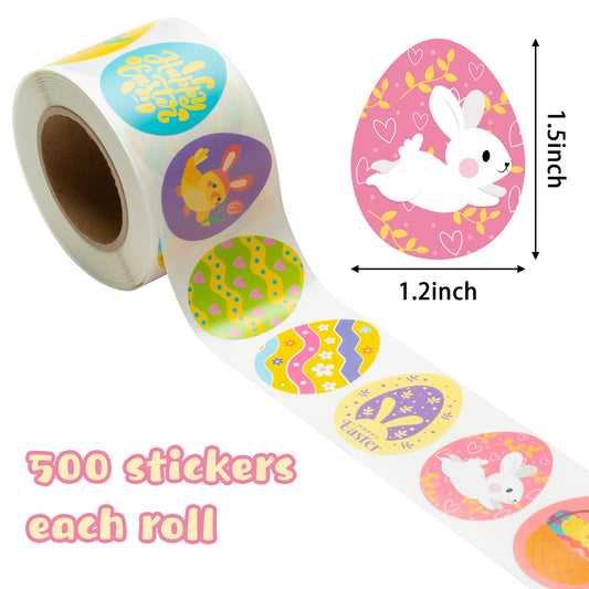 W1cwey 1000pcs Easter Egg Stickers Rolls(2 Rolls), 1.2*1.5 Inch 16 Design Cartoon Egg-Shaped Stickers Self-Adhesive Decals Decorative Stickers Novelty Easter Bunny Stickers for Easter Party Supplies