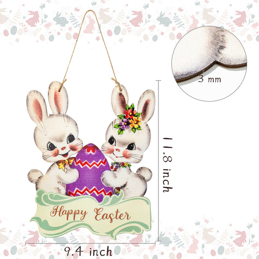 W1cwey Vintage Easter Wooden Hanging Door Sign Decoration 11.8*9.4 Inch Retro Happy Easter Porch Welcome Sign for Door Wall Easter Wreath Egg Bunny Hanging Supplies for Indoor Outdoor