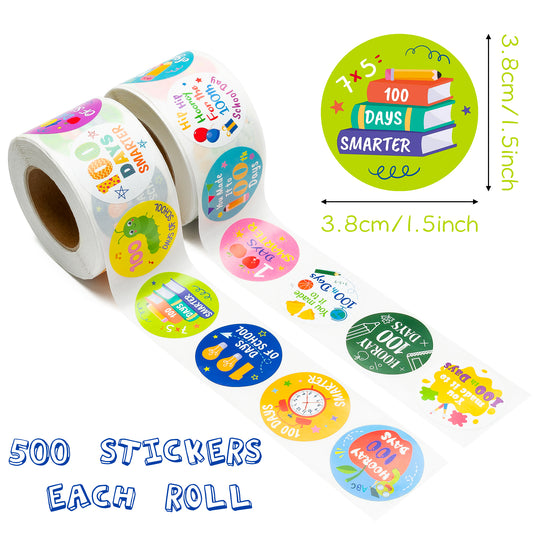 W1cwey 1000pcs 100 Days of School Sticker Rolls(2 Rolls), 1.5 Inch 16 Design Cartoon 100 Day of School Teacher Reward Motivational Encouragement Stickers  for Kids Kindergarten School Party Decoration