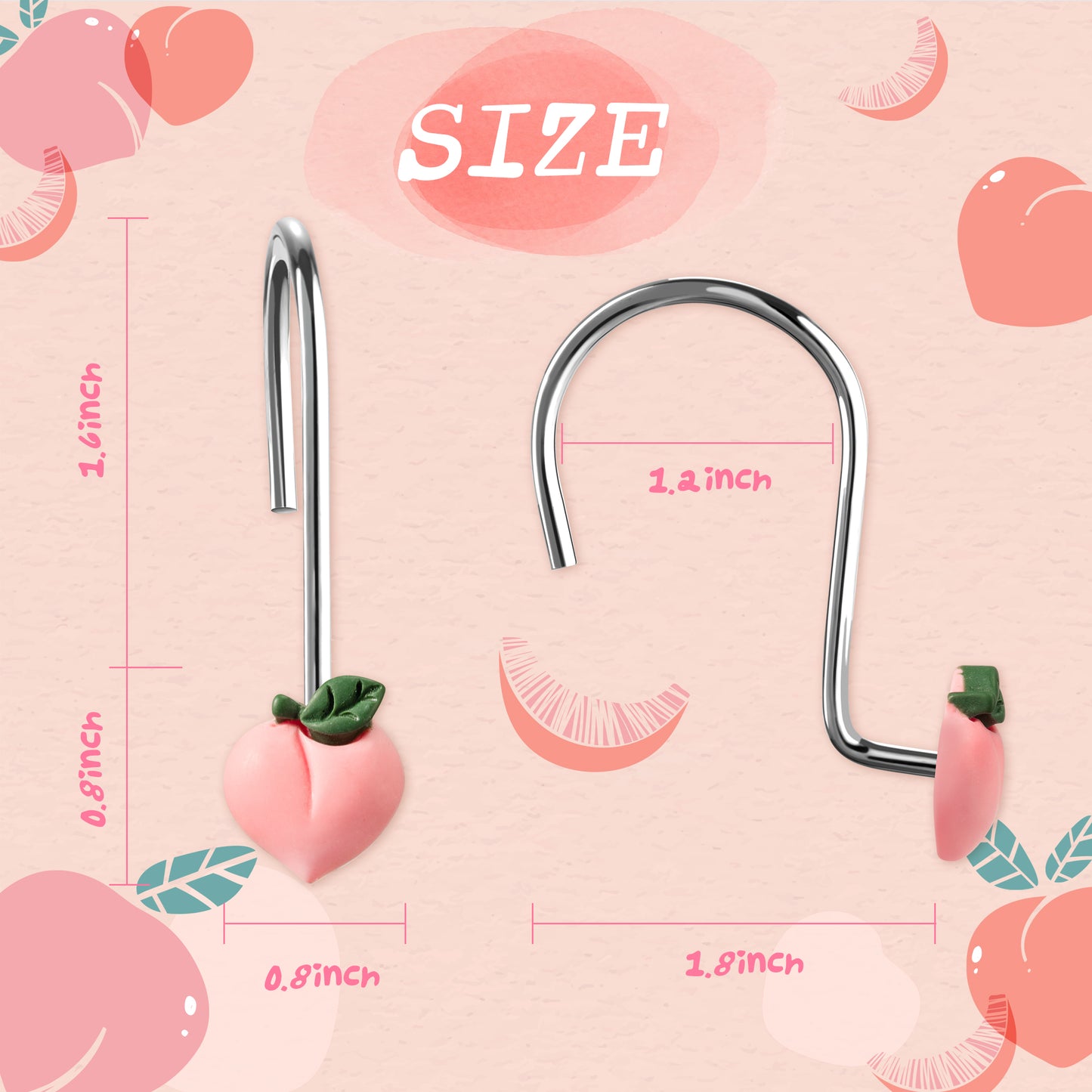 W1cwey 12pcs Peach Shower Curtain Hooks Pink Rustproof Metal Curtain Hangers Glide Shower Rings for Shower Curtain Cute Fruit Theme Resin Stainless Steel Curtain Hook Rings for Kids Bathroom Decor