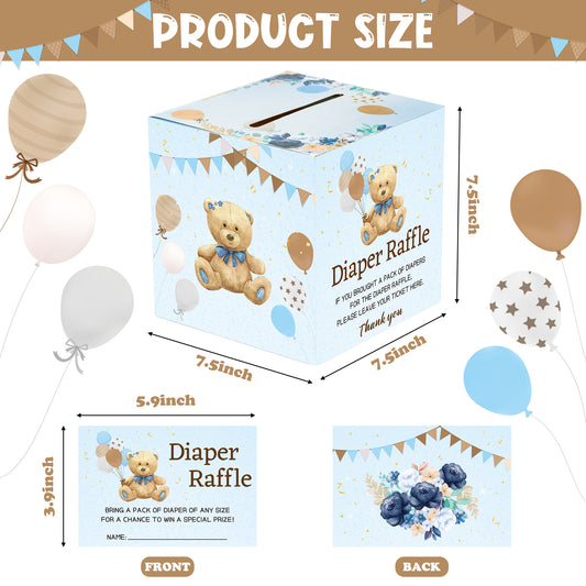 W1cwey 50pcs Blue Bear Diaper Raffle Tickets with Diaper Raffle Card Box Bear Theme Flowers Balloons Decorative Bring a Pack of Diapers Double Sided Card Baby Shower Birthday Party Decoration Supplies