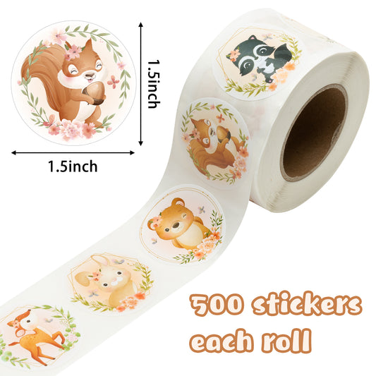 W1cwey 1000pcs Floral Woodland Animal Stickers Rolls(2 rolls), 1.5 Inch 16 Design Cartoon Forest Friends Theme Sticker Self-Adhesive Decals Decorative Sticker for Kids Reward Party Supplies