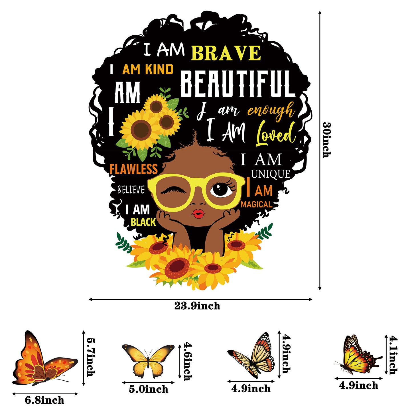 W1cwey 10pcs Black Girl Magic Inspirational Quote Wall Art Decor I’m Beautiful I’m Brave with Butterfly Decal Stickers African American Motivational Saying Stickers for Baby Toddler Bedroom Playroom