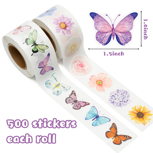 W1cwey 1000pcs Assorted Butterfly Flower Sticker Rolls(2 Rolls), 1.5*1 Inch 16 Design Colorful Butterfly Decals Decorative Flowers Cute Stickers Party Favor Decoration for Kids Luggage Scrapbook