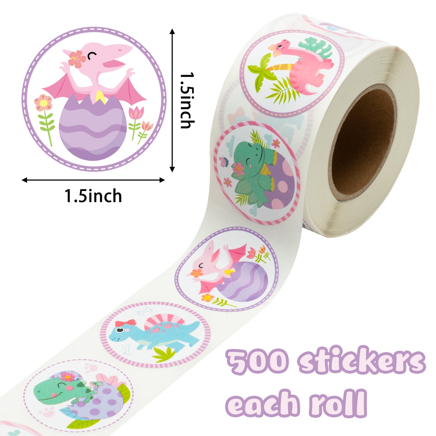 W1cwey 1000pcs Pink Dinosaurs Sticker Rolls for Kids(2 rolls), 1.5 Inch 16 Design Cute Dinosaurs Theme Cartoon Stickers Self-Adhesive Decals Decorative Stickers for Kids Rewards Party Supplies