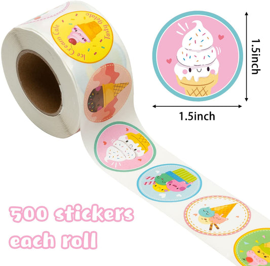 W1cwey 1000pcs Ice Cream Sticker Rolls(2 rolls), 1.5 Inch 16 Design Cartoon Summer Theme Ice Cream Sticker with Smile Face Cute Self-Adhesive Decals Decorative Stickers for Kids Rewards Party Supplies