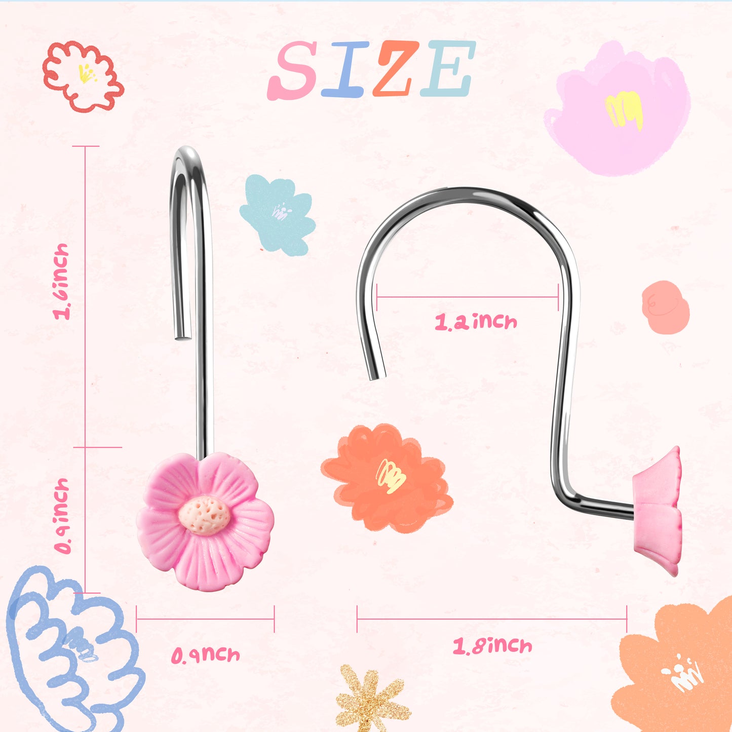 W1cwey 12pcs Floral Shower Curtain Hooks Rustproof Metal Curtain Hangers Glide Shower Rings for Shower Curtain Cute Pink and White Flower Shape Stainless Steel Curtain Rings for Bathroom Decor