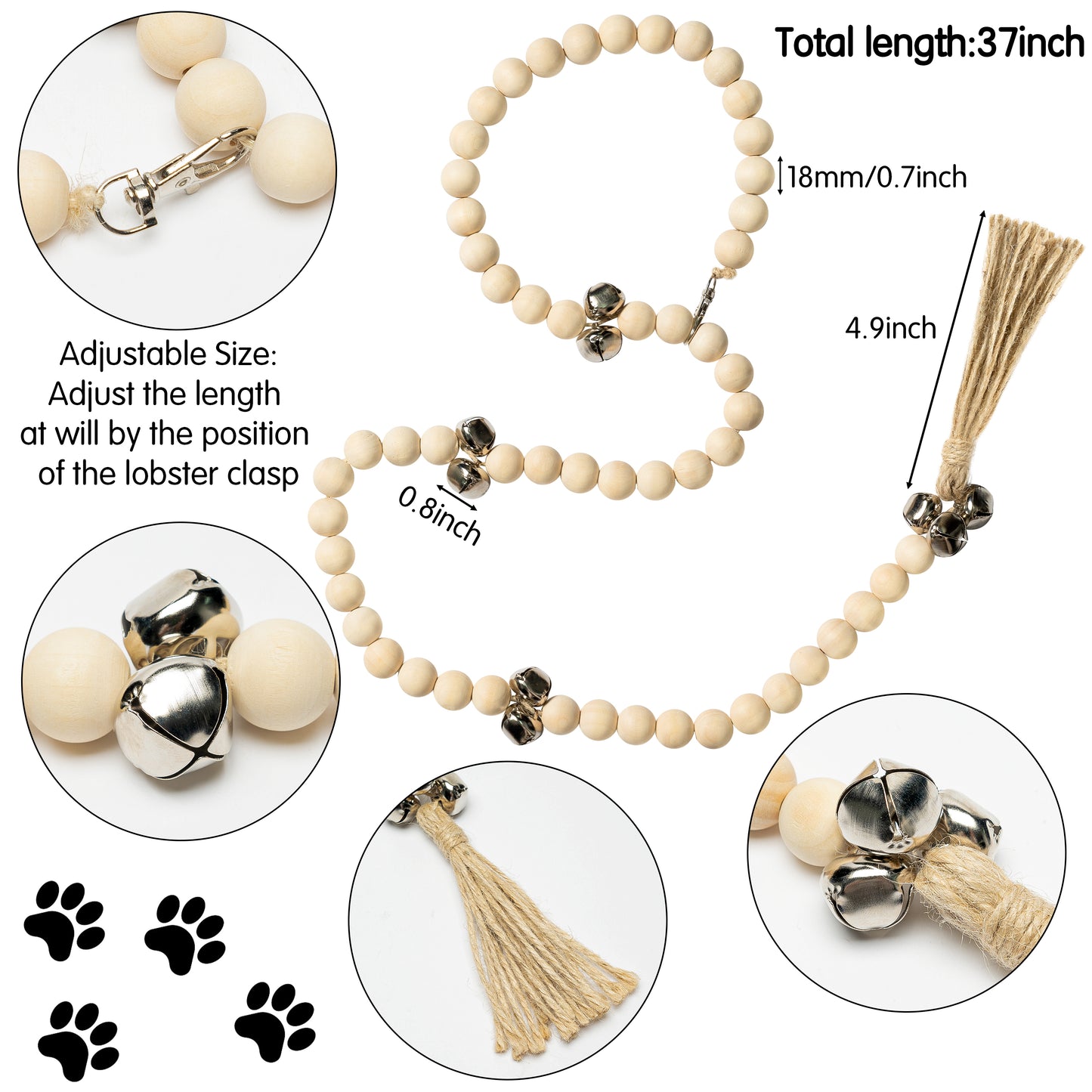 W1cwey Wood Beaded Hanging Door Bells for Dogs and Puppies, Adjustable Size Dog Door Bell for Training Potty Training Bell for Dog to Ring to Go Outside Gift for Pet Owner Training Your Puppy Easily