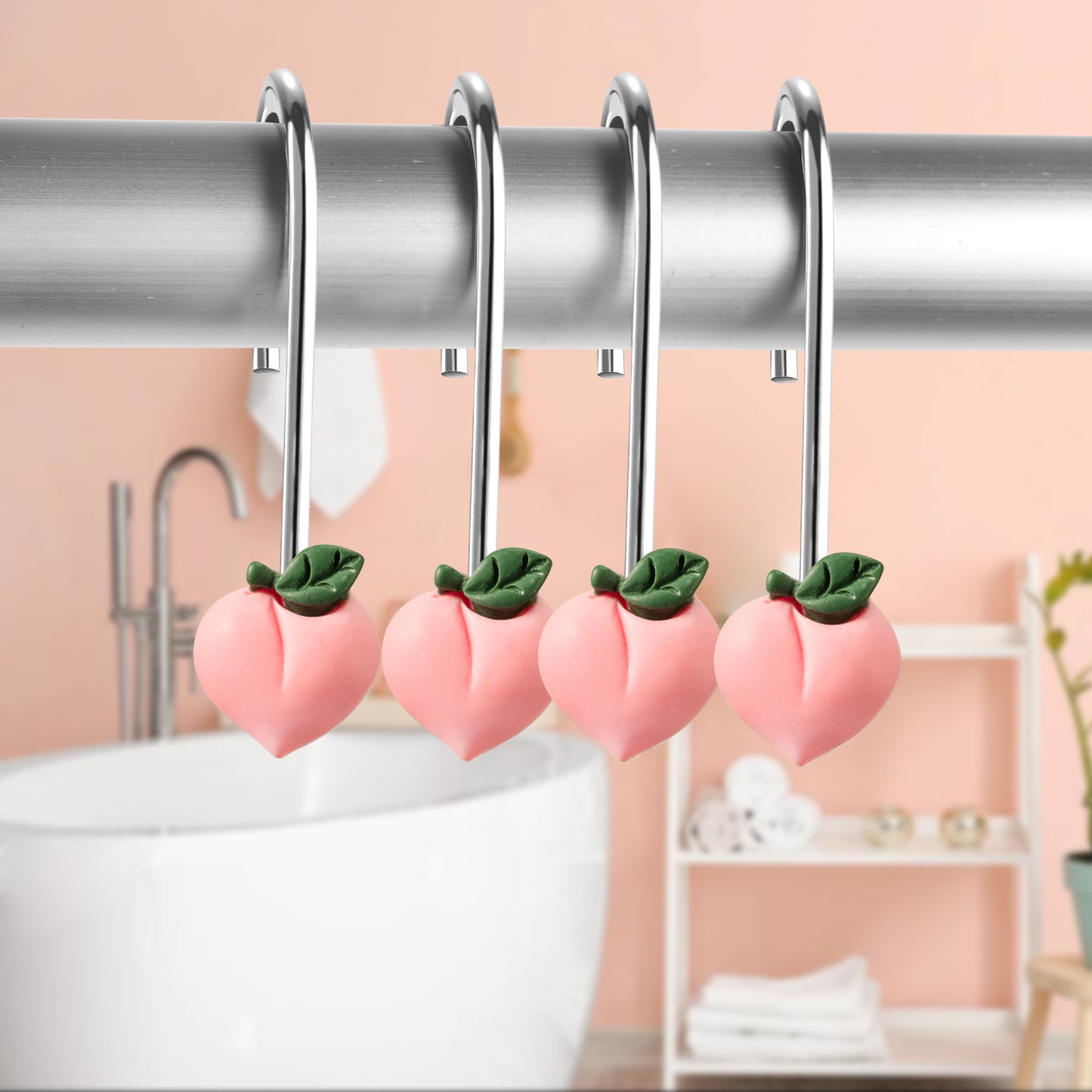 W1cwey 12pcs Peach Shower Curtain Hooks Pink Rustproof Metal Curtain Hangers Glide Shower Rings for Shower Curtain Cute Fruit Theme Resin Stainless Steel Curtain Hook Rings for Kids Bathroom Decor