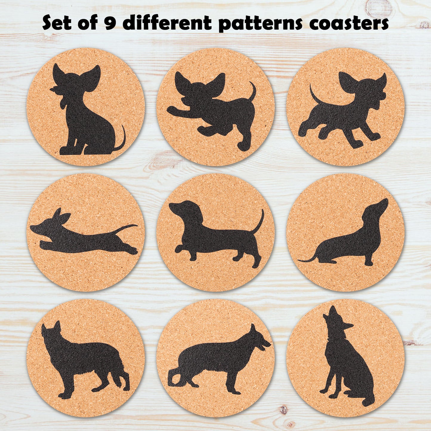 W1cwey Dog Lovers Cork Drink Coasters Set Cute Absorbent Coasters with Fiber Cork Base Cup Mat Design with Chihuahua German Shepherd Dachshund Great Gift for Dog Owner Puppy Lovers