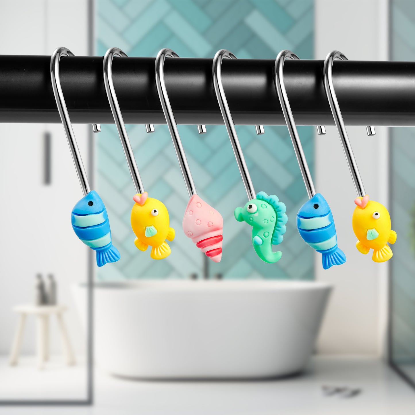 W1cwey 12pcs Ocean Theme Sea Animal Shower Curtain Hooks Blue Sea Theme Glide Shower Rings Marine Life Yellow Croaker Seahorse Blue Fish Conch Shape Stainless Steel Hanger Ring for Kids Bathroom Decor