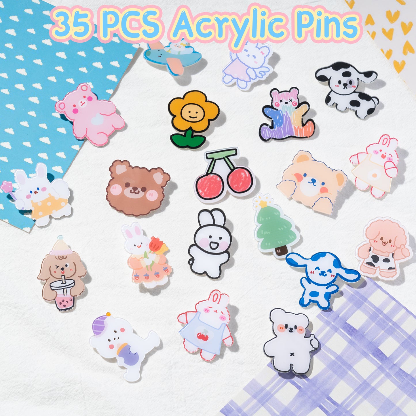 W1cwey 35pcs Acrylic Cute Pins Cartoon Animal Fruit Backpack Lapel Badge Pins Set 35 Styles Aesthetic Kawaii Brooch for DIY Clothing Jackets Bags Backpacks Hat Accessories for Kids