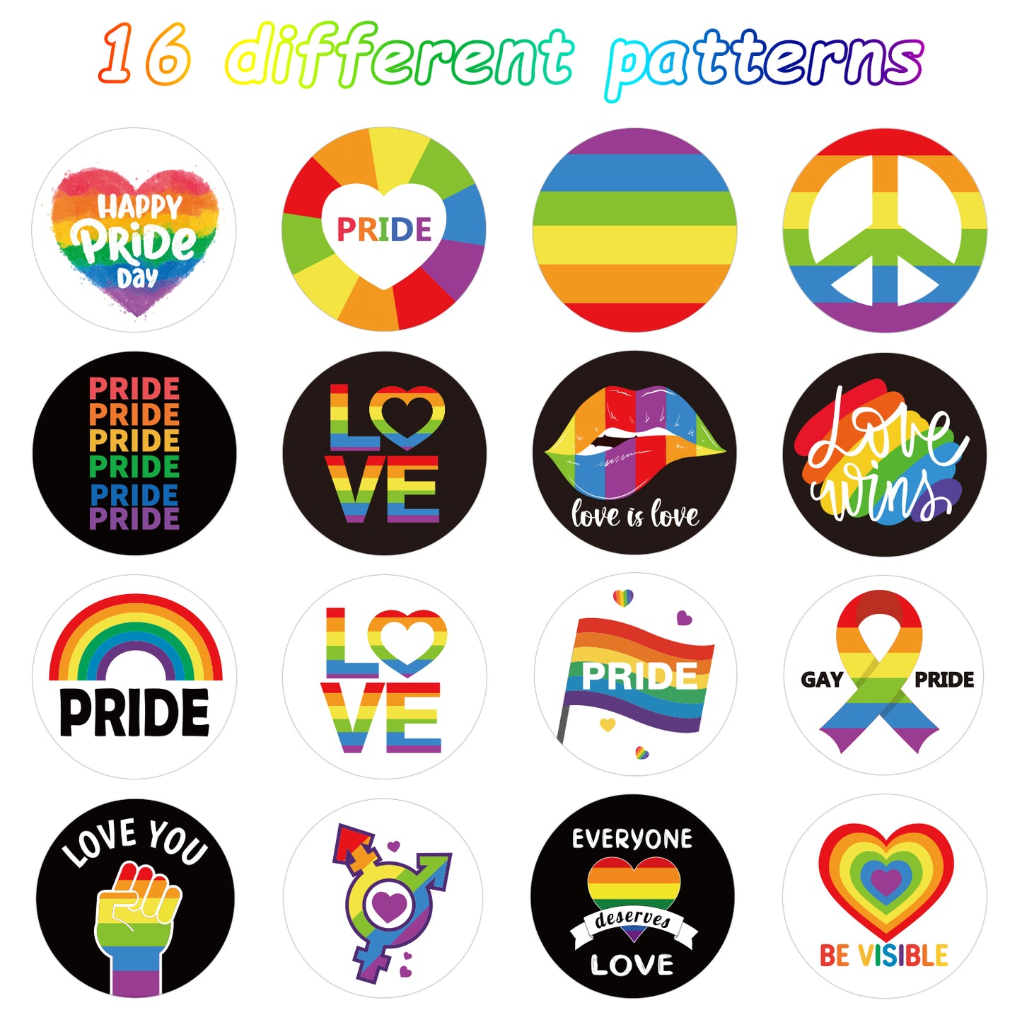 W1cwey 1000pcs Gay Pride Sticker Rolls with Holographic Effect(2 Rolls), 1.5 Inch 16 Design Rainbow Theme Happy Pride Day Stickers Self-Adhesive Decals Decorative Stickers for LGBT Party Supplies