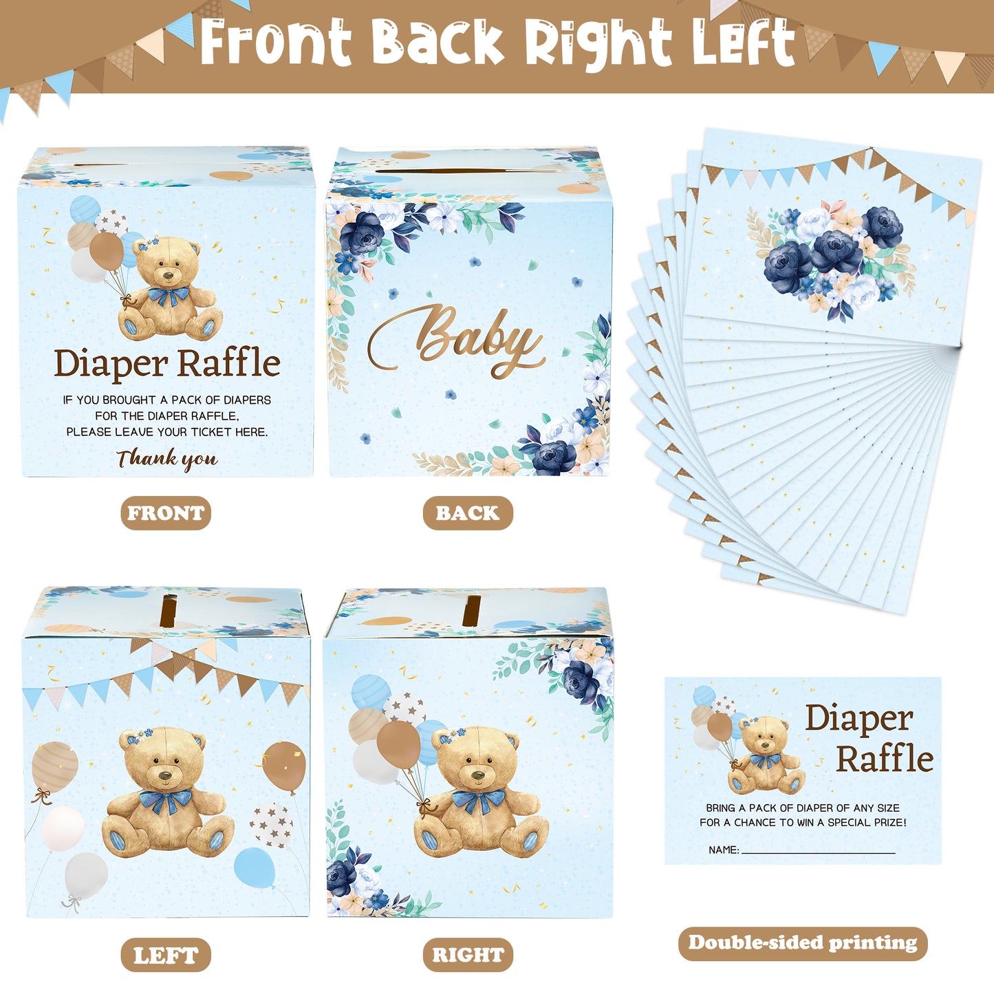 W1cwey 50pcs Blue Bear Diaper Raffle Tickets with Diaper Raffle Card Box Bear Theme Flowers Balloons Decorative Bring a Pack of Diapers Double Sided Card Baby Shower Birthday Party Decoration Supplies