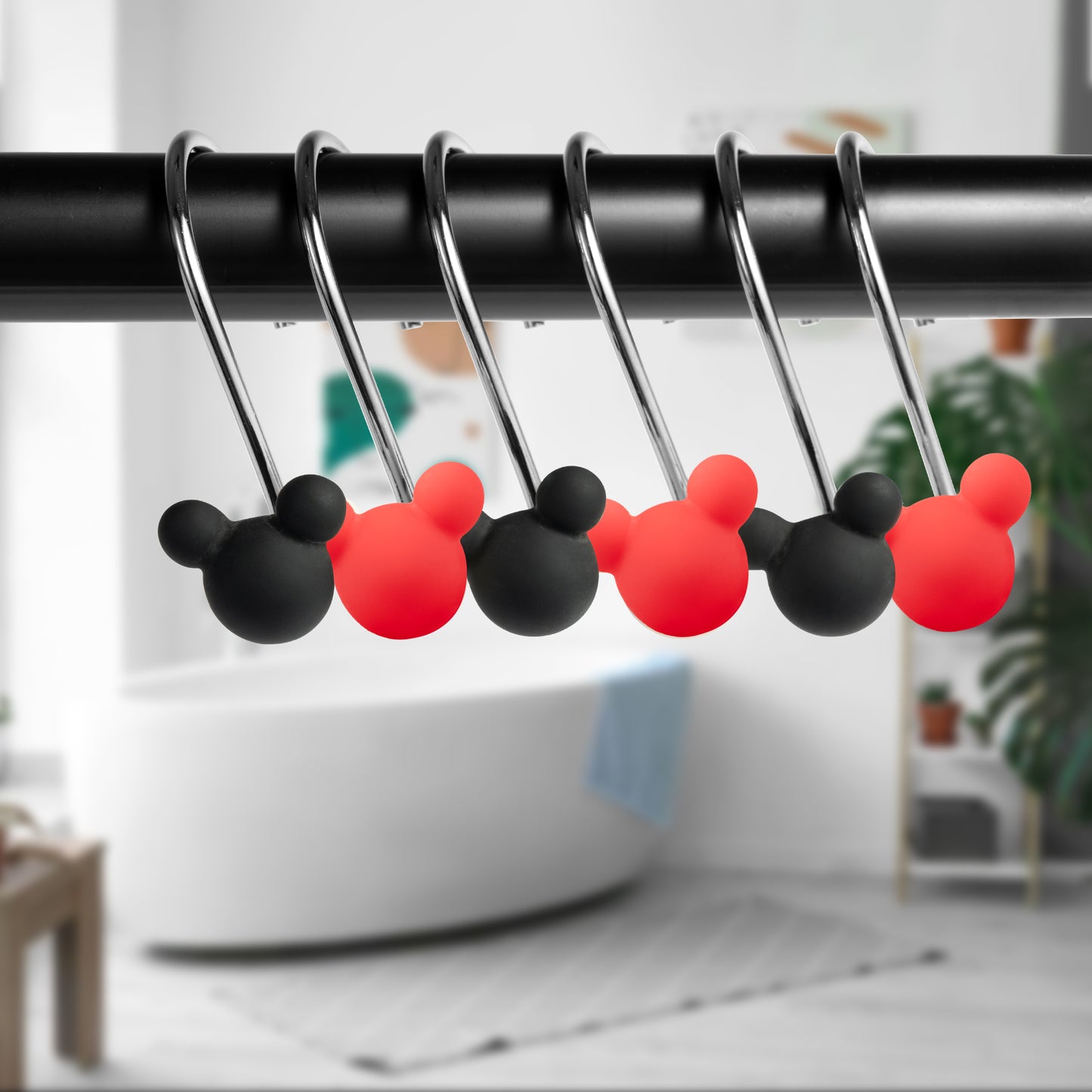 W1cwey 12pcs Black and Red Mouse Shower Curtain Hooks Rustproof Metal Curtain Hangers Glide Shower Rings for Shower Curtain Cartoon Theme Stainless Steel Rings for Kids Bathroom Decor