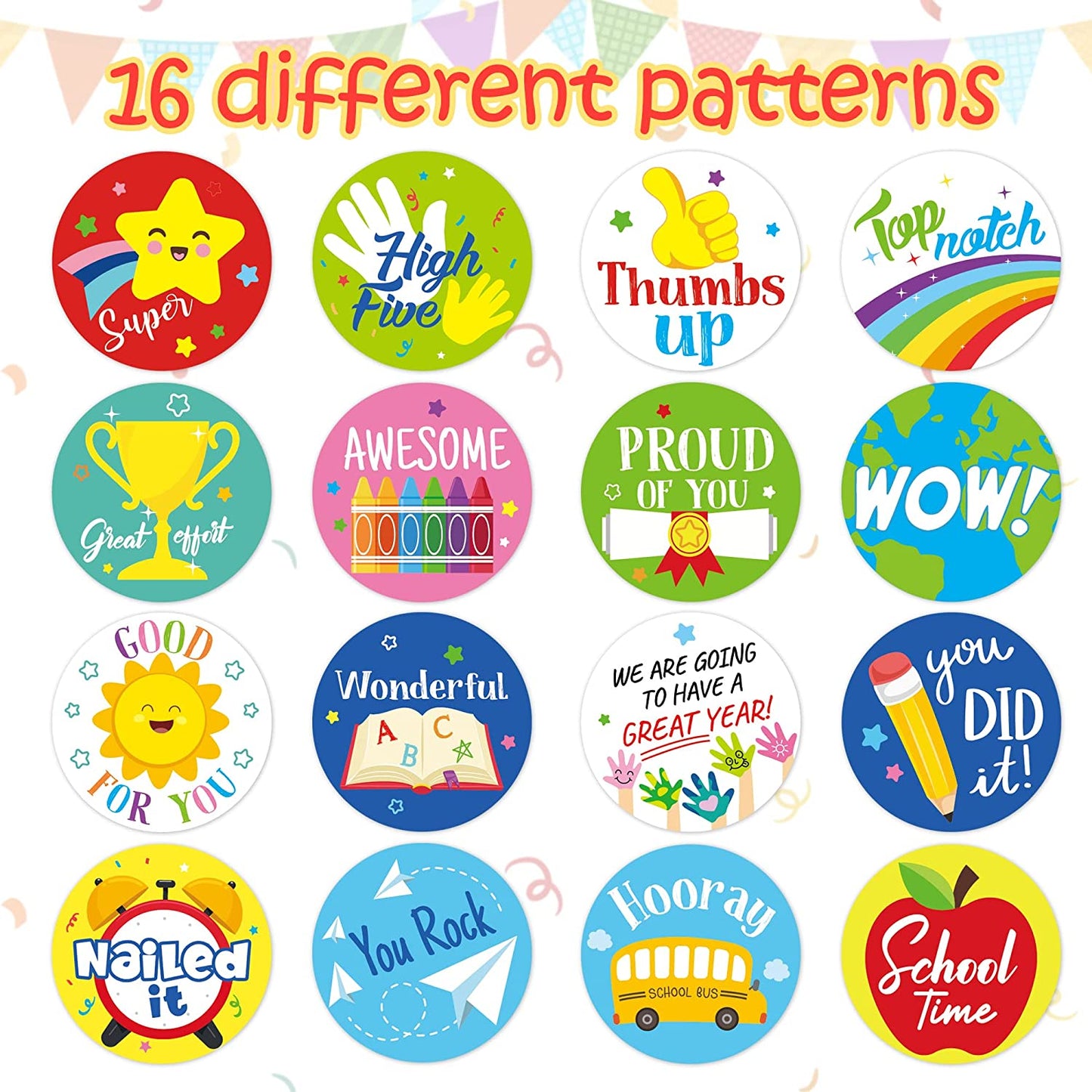 W1cwey 1000pcs Back to School Sticker Rolls (2 Rolls), 1.5 Inch 16 Design Cartoon First Day of School Teacher Reward Motivational Encouragement Stickers for Kids Kindergarten School Party Decoration