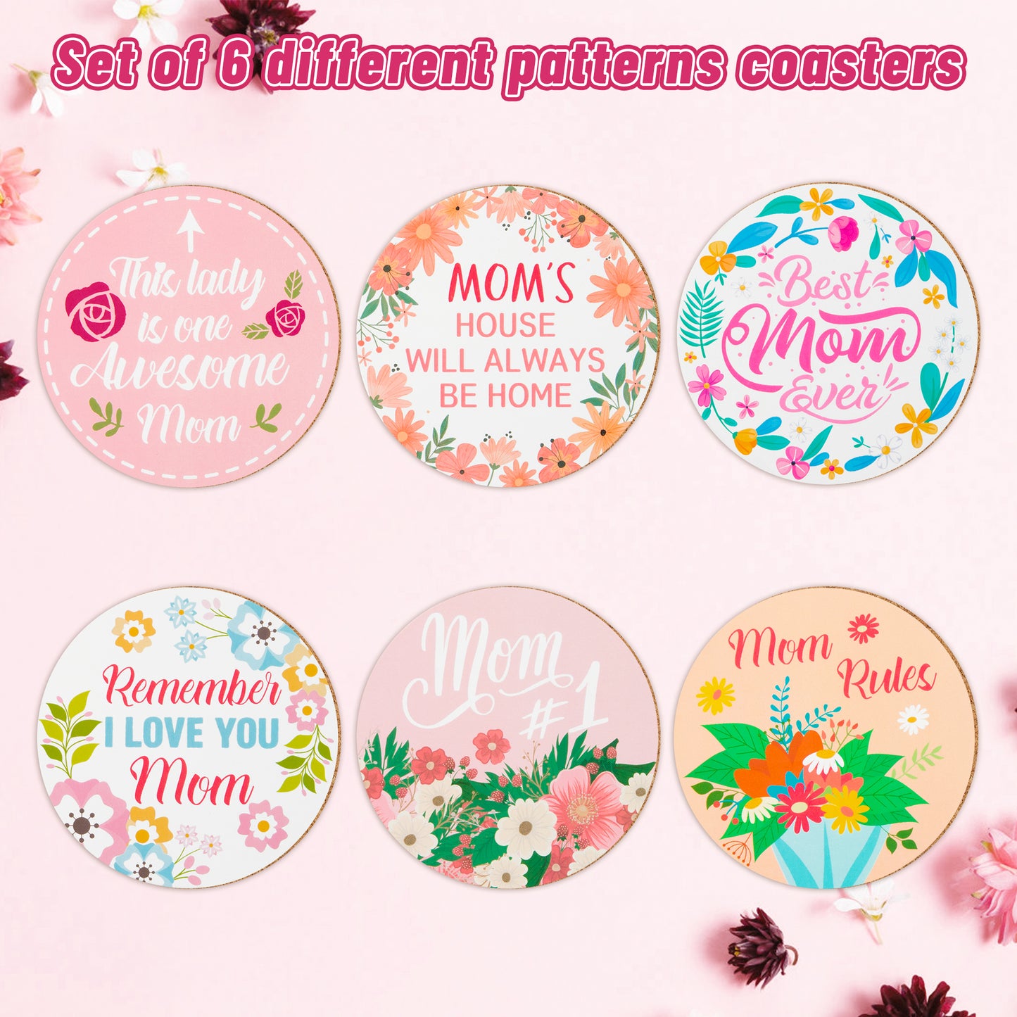 W1cwey 6pcs Mom Coaster Set Cute Absorbent Coasters with Fiber Cork Base Designs with 6 Different Mother Inspirational Quotes I Love You Mom Cup Mat Gifts for Mother’s Day Mom’s Birthday Thanksgiving