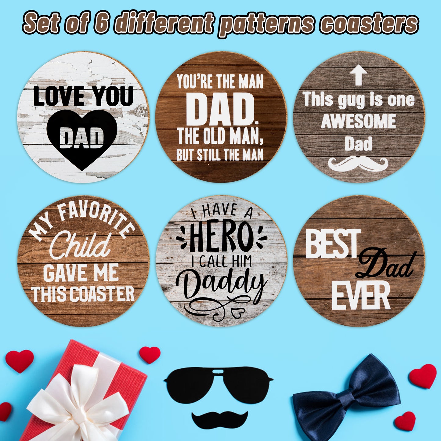 W1cwey 6pcs Dad Coaster Set Cute Absorbent Coasters with Fiber Cork Base Designs with 6 Different Father Inspirational Quotes Love You Dad Cup Mat Gifts for Father’s Day Dad’s Birthday Thanksgiving