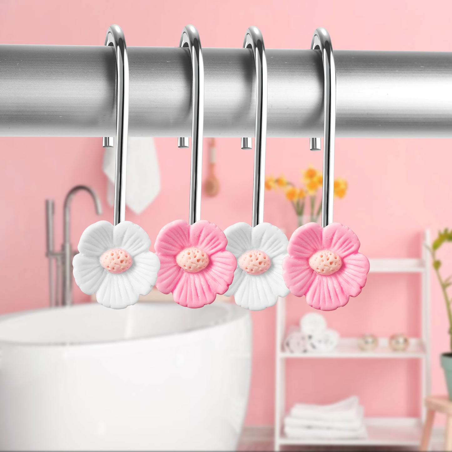 W1cwey 12pcs Floral Shower Curtain Hooks Rustproof Metal Curtain Hangers Glide Shower Rings for Shower Curtain Cute Pink and White Flower Shape Stainless Steel Curtain Rings for Bathroom Decor