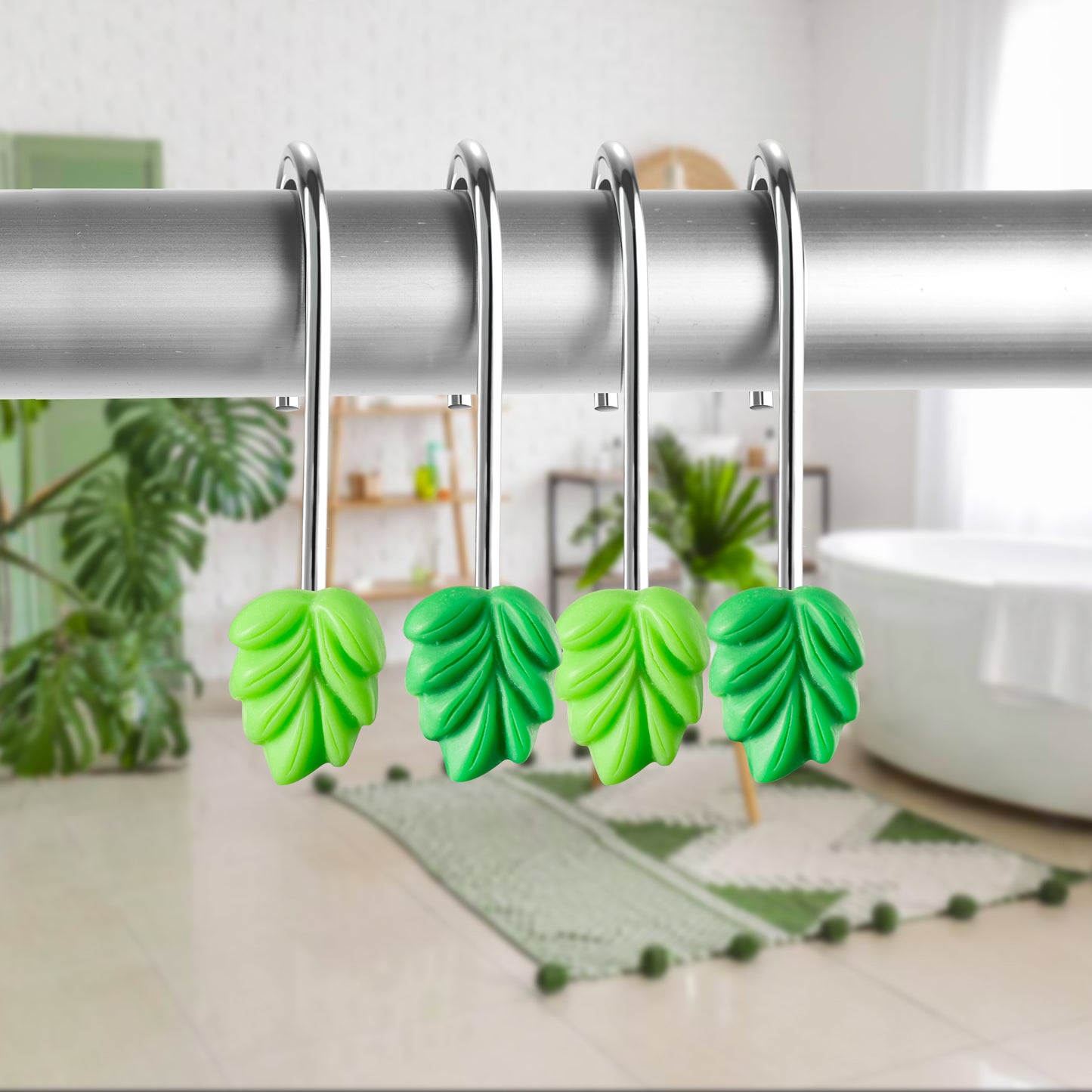 W1cwey 12pcs Plant Leaves Decorative Shower Curtain Hooks Rustproof Metal Curtain Hangers Glide Shower Rings for Shower Curtain Dark Light Green Stainless Steel Rings for Bathroom Decor