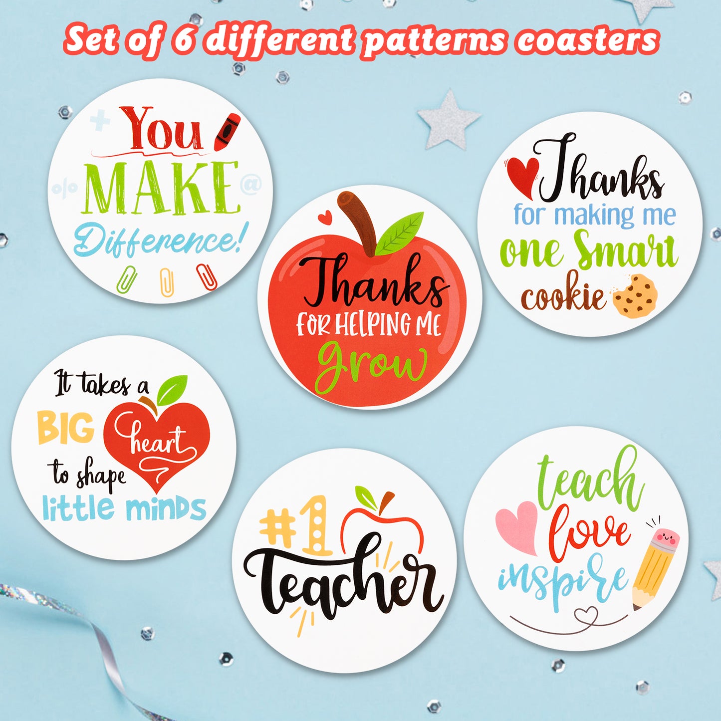 W1cwey 6pcs Teacher Appreciation Theme Coasters Set Cute Absorbent Coasters with Fiber Cork Base Thank You Teacher Cup Mat Gifts for Back to School Graduation Teacher Appreciation Decor