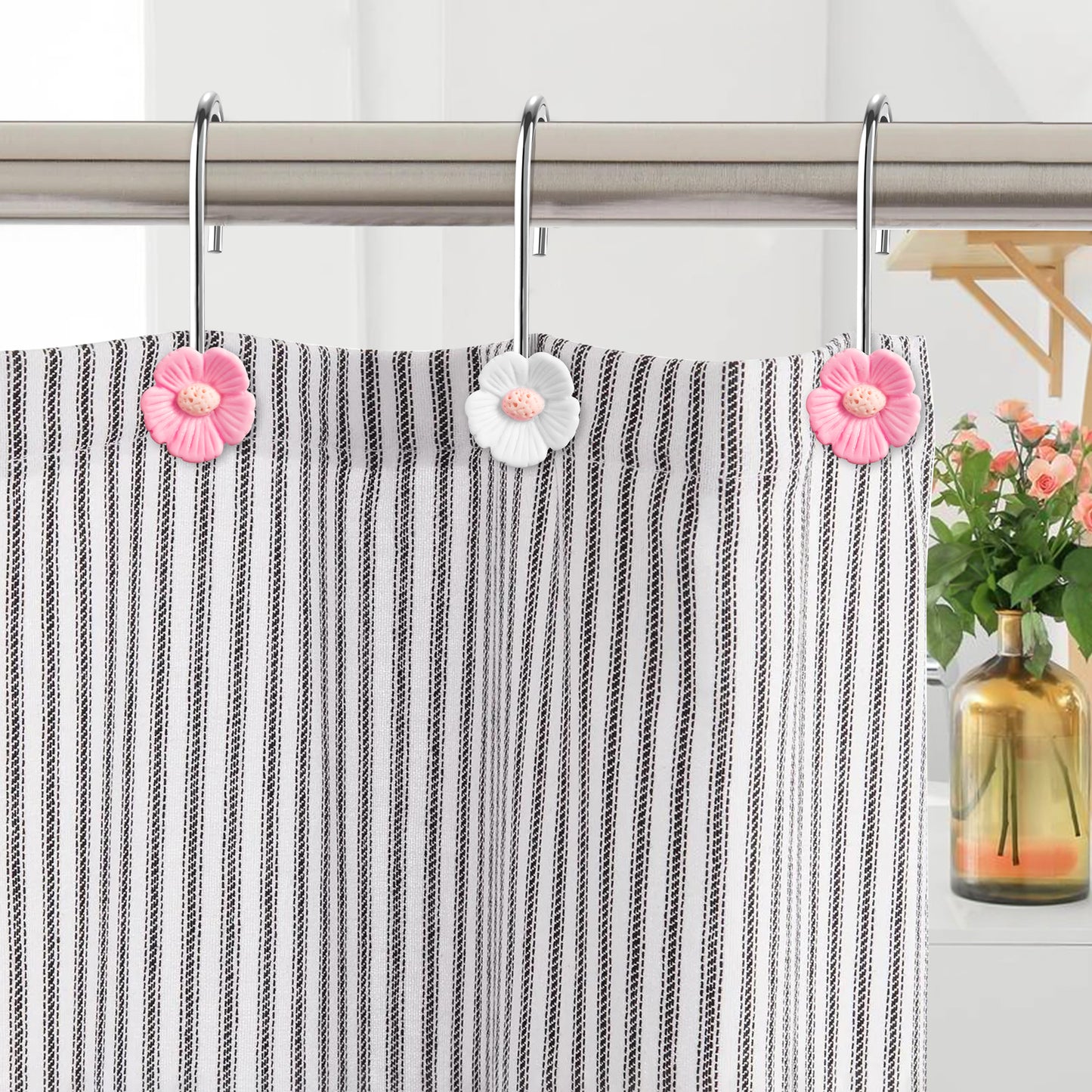 W1cwey 12pcs Floral Shower Curtain Hooks Rustproof Metal Curtain Hangers Glide Shower Rings for Shower Curtain Cute Pink and White Flower Shape Stainless Steel Curtain Rings for Bathroom Decor