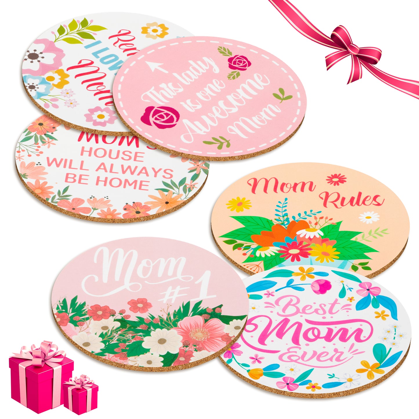 W1cwey 6pcs Mom Coaster Set Cute Absorbent Coasters with Fiber Cork Base Designs with 6 Different Mother Inspirational Quotes I Love You Mom Cup Mat Gifts for Mother’s Day Mom’s Birthday Thanksgiving