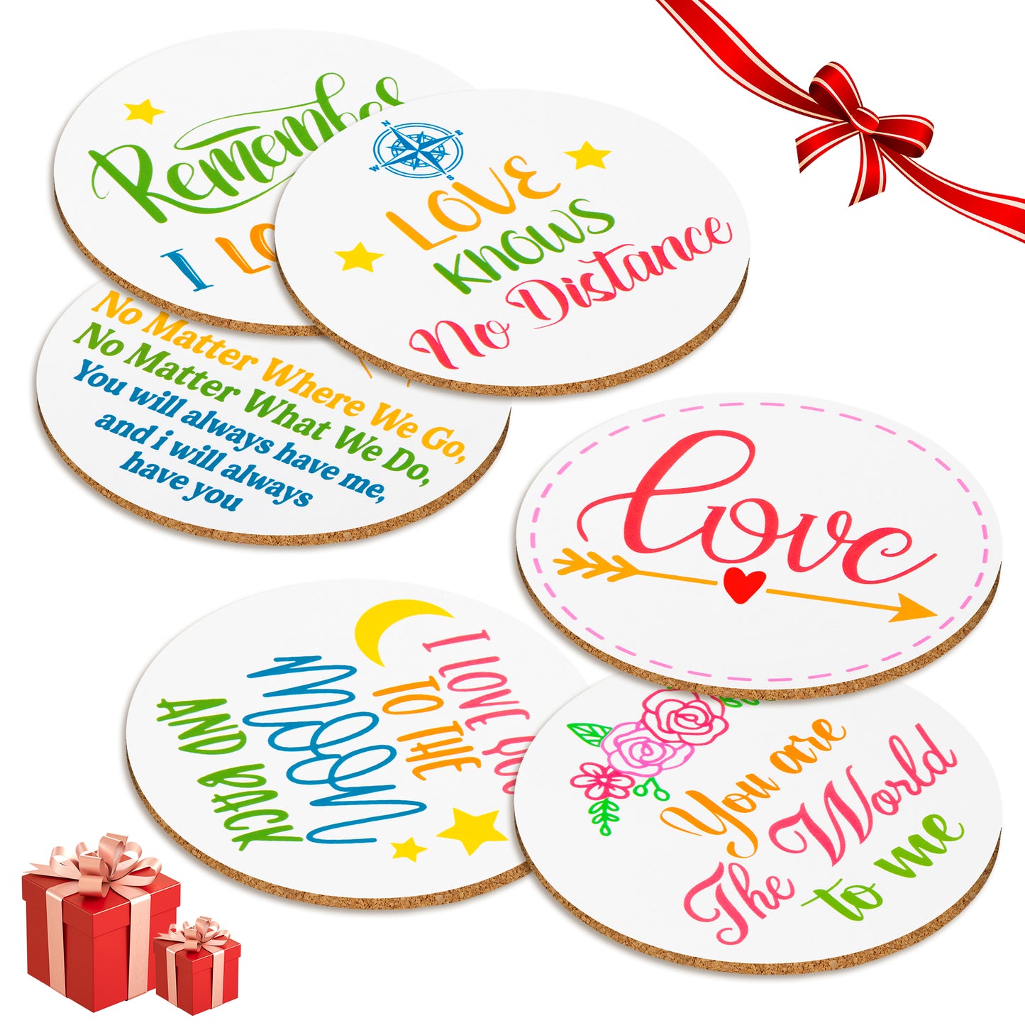 W1cwey 6pcs I Love You Coaster Set Cute Absorbent Coasters with Fiber Cork Base Design with 6 Different Love Theme Inspirational Quotes Cup Mat Gift for Parents Couple’s Birthday Thanksgiving