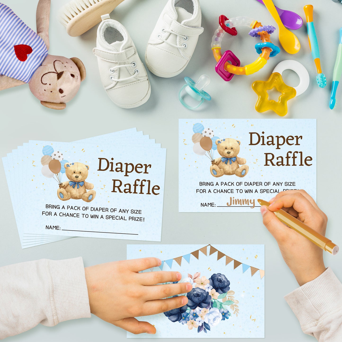 W1cwey 50pcs Blue Bear Diaper Raffle Tickets with Diaper Raffle Card Box Bear Theme Flowers Balloons Decorative Bring a Pack of Diapers Double Sided Card Baby Shower Birthday Party Decoration Supplies