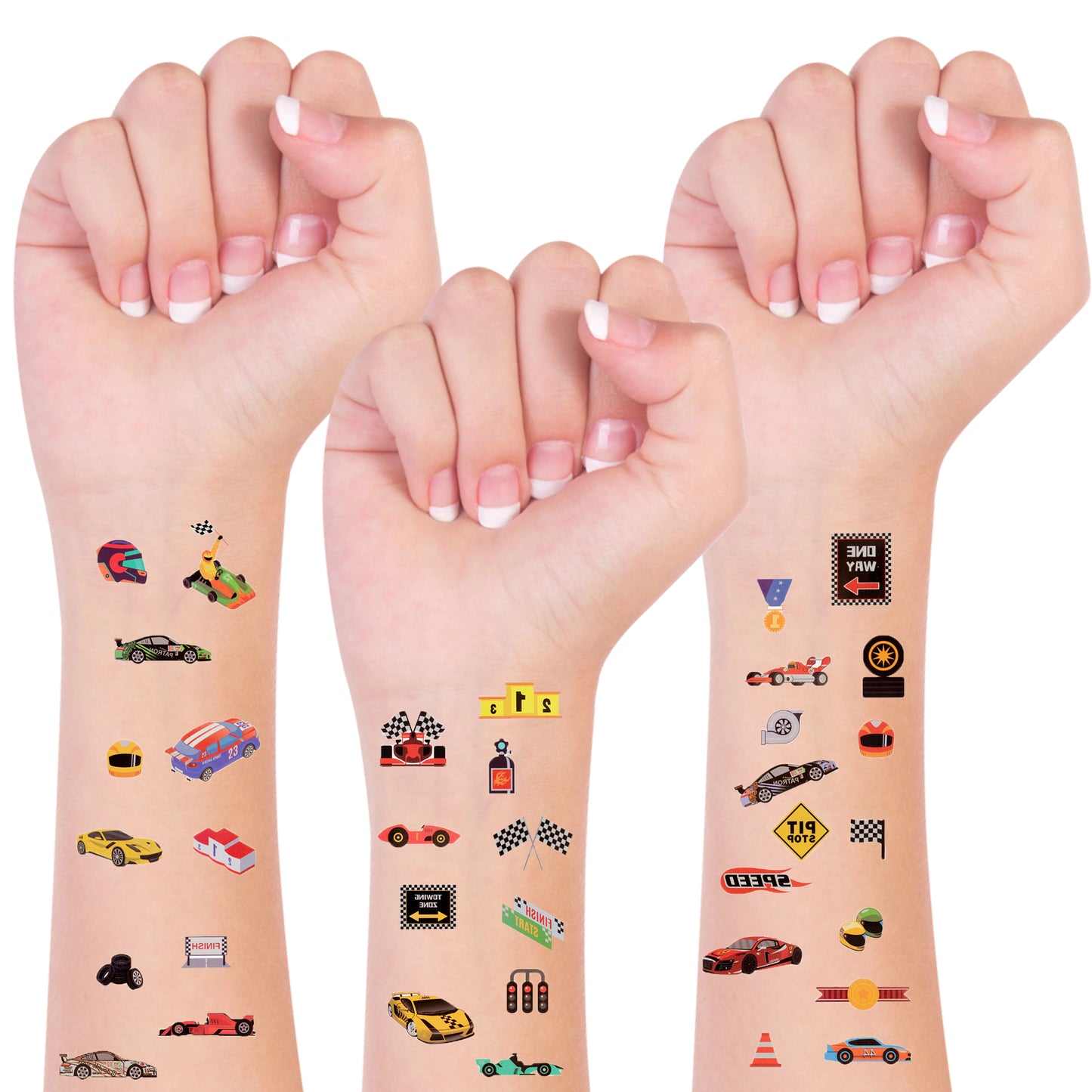 W1cwey 8pcs Racing Car Temporary Tattoos for Kids Transportation Fake Tattoos Cartoon Face/Hand/Arm/Body Stickers Decorations Cool Race Car Theme Birthday Gifts Party Games Supplies Favors for Boys