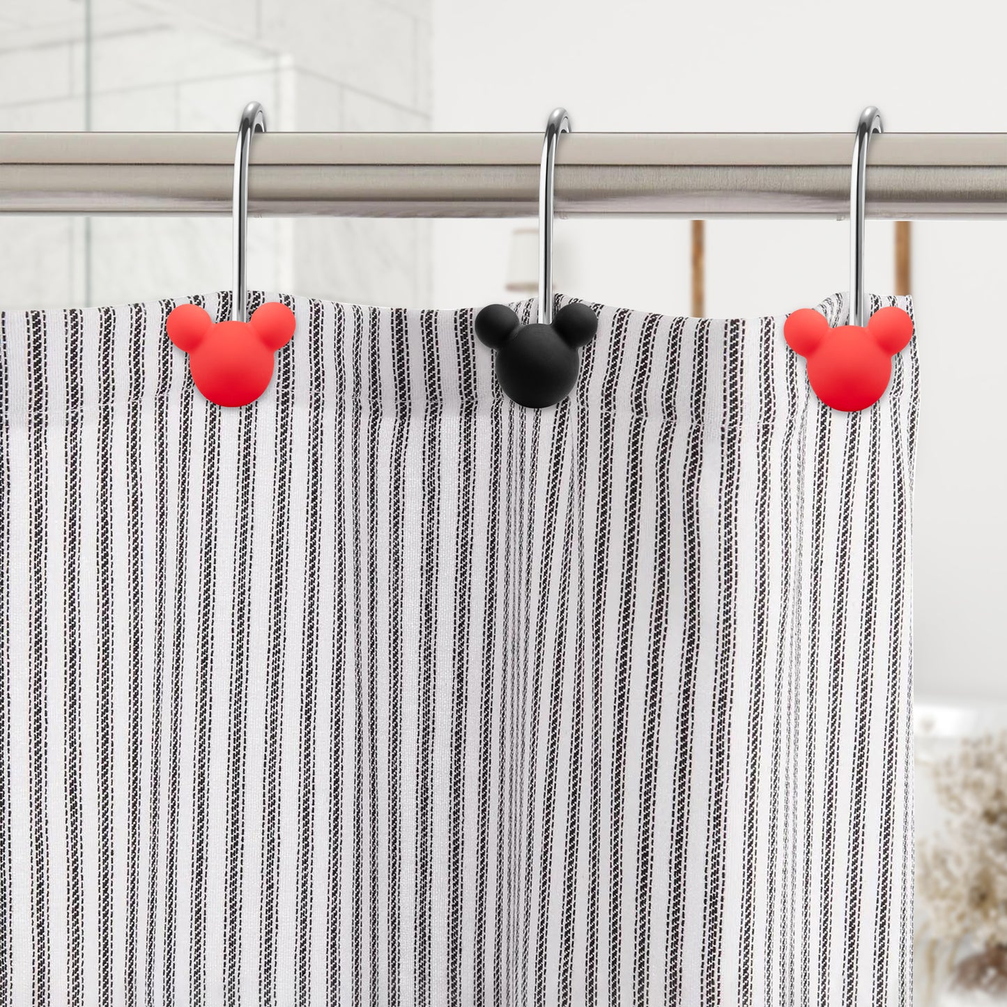 W1cwey 12pcs Black and Red Mouse Shower Curtain Hooks Rustproof Metal Curtain Hangers Glide Shower Rings for Shower Curtain Cartoon Theme Stainless Steel Rings for Kids Bathroom Decor