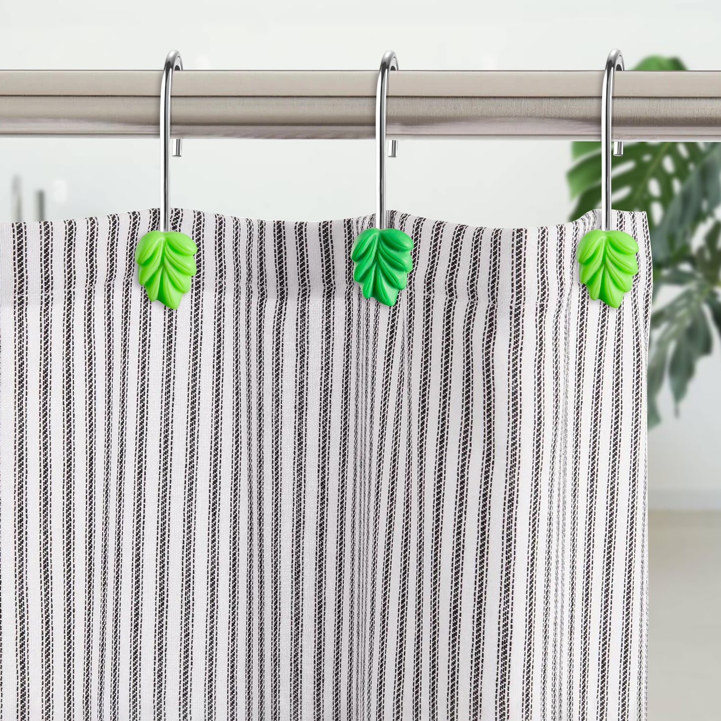 W1cwey 12pcs Plant Leaves Decorative Shower Curtain Hooks Rustproof Metal Curtain Hangers Glide Shower Rings for Shower Curtain Dark Light Green Stainless Steel Rings for Bathroom Decor