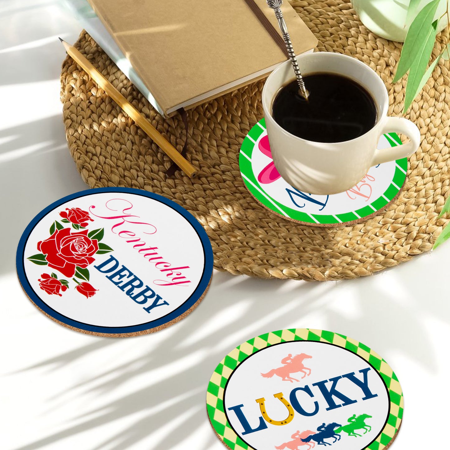 W1cwey 6pcs Kentucky Horse Derby Theme Coaster Set Absorbent Coasters with Fiber Cork Base Funny Race Horse Cup Mat Gifts Run for The Rose Party Decoration Supplies