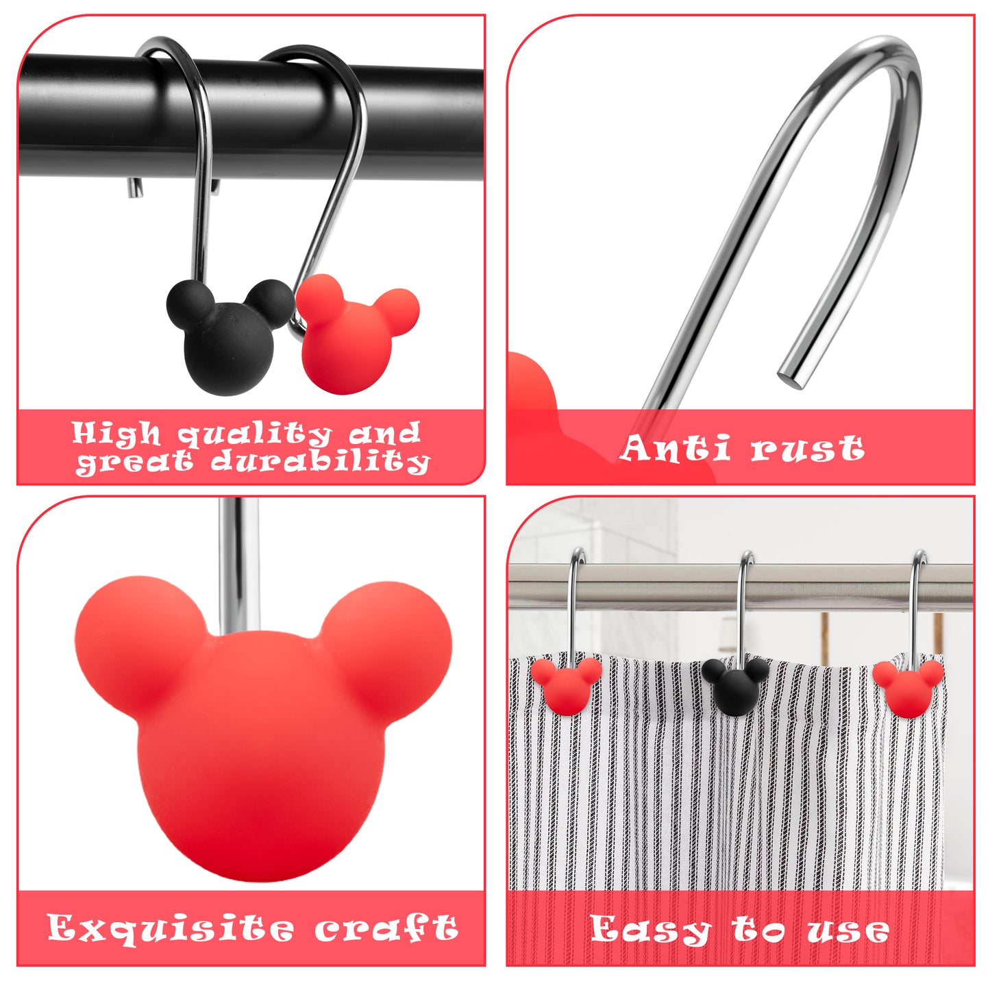 W1cwey 12pcs Black and Red Mouse Shower Curtain Hooks Rustproof Metal Curtain Hangers Glide Shower Rings for Shower Curtain Cartoon Theme Stainless Steel Rings for Kids Bathroom Decor