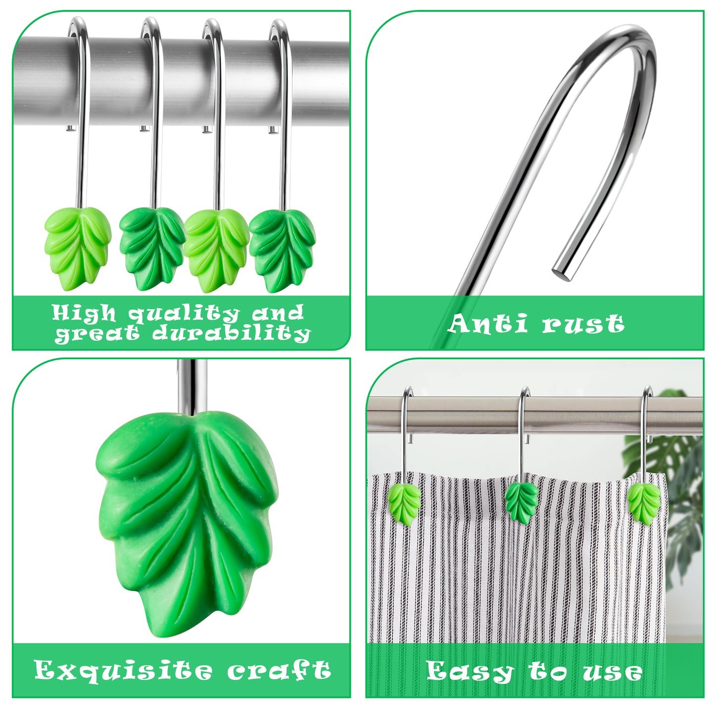 W1cwey 12pcs Plant Leaves Decorative Shower Curtain Hooks Rustproof Metal Curtain Hangers Glide Shower Rings for Shower Curtain Dark Light Green Stainless Steel Rings for Bathroom Decor