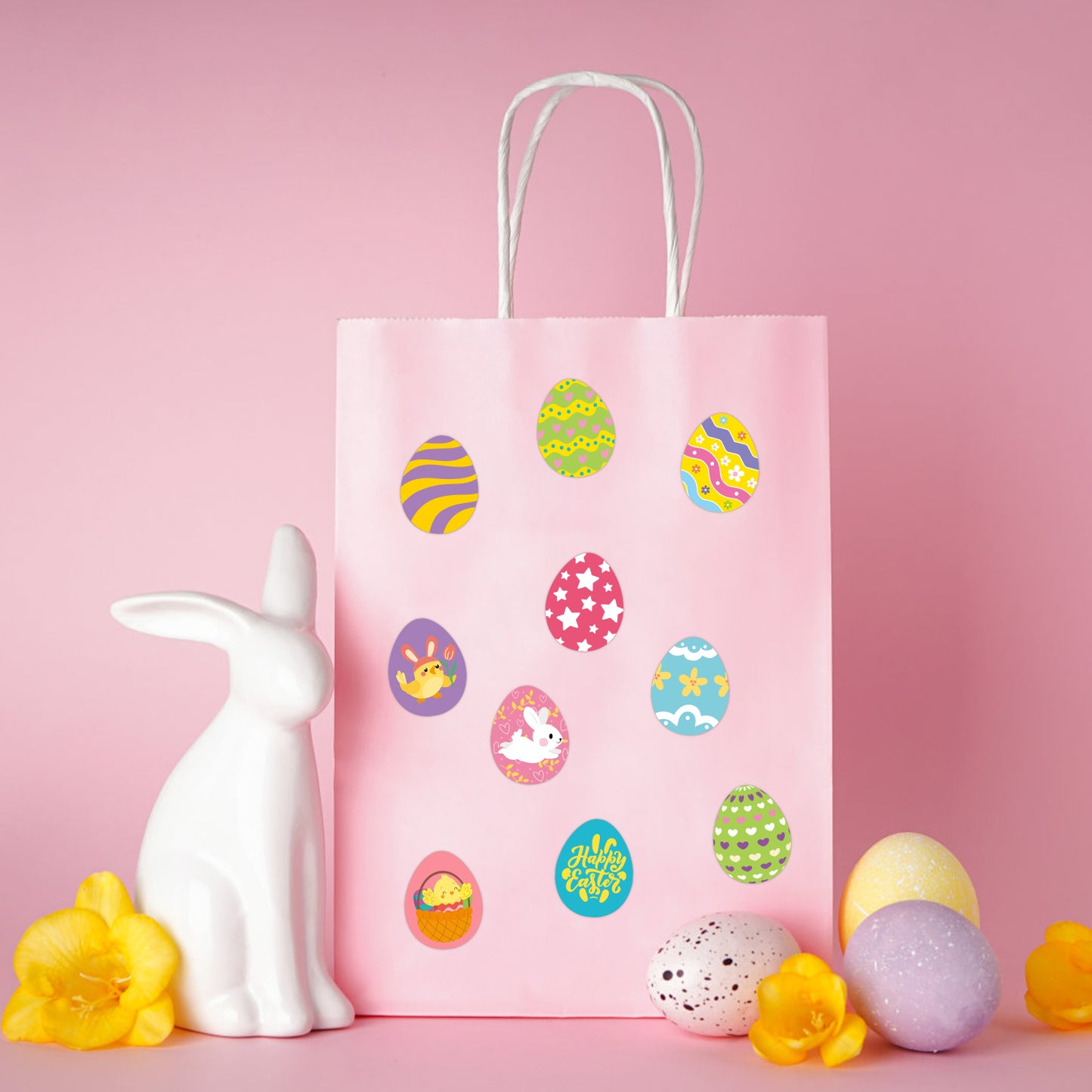 W1cwey 1000pcs Easter Egg Stickers Rolls(2 Rolls), 1.2*1.5 Inch 16 Design Cartoon Egg-Shaped Stickers Self-Adhesive Decals Decorative Stickers Novelty Easter Bunny Stickers for Easter Party Supplies